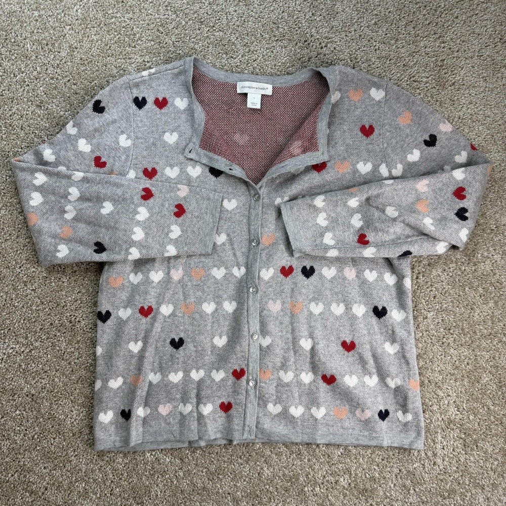 Christopher & Banks Cardigan Sweater Womens Large Gray Heart Print Button Front
